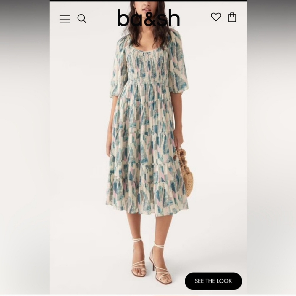 ba&sh Cream Midi Dress with Blue and Teal Print